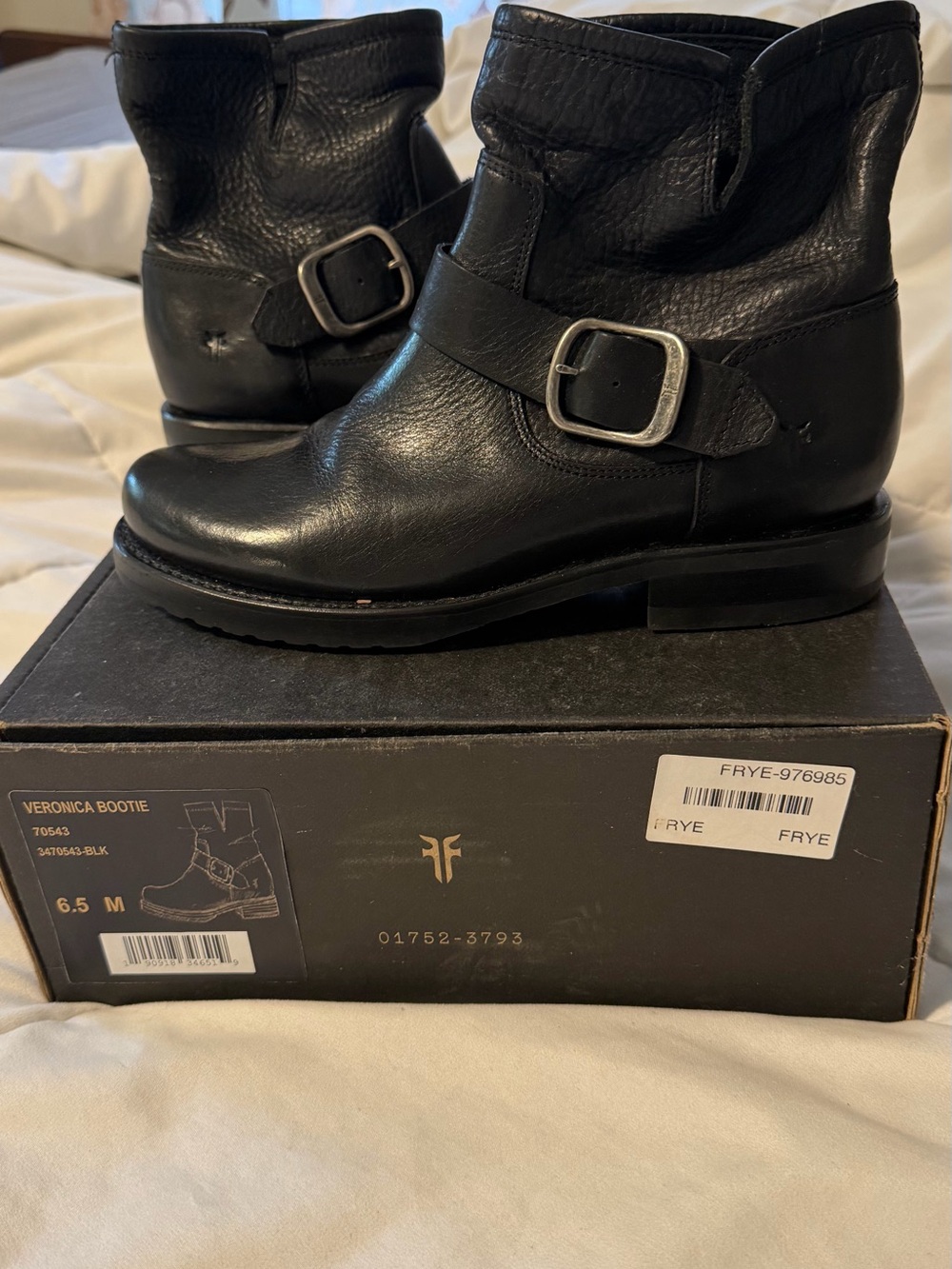 Frye Black Leather Harness Ankle Boots
